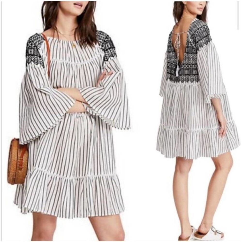Free People Women's Boho Mini Lola Striped Dress White Black Tiered Embroidered